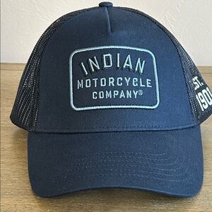 Indian Motorcycle Company Navy Trucker Hat. Snap Back. Block Logo Patch. NWOT.